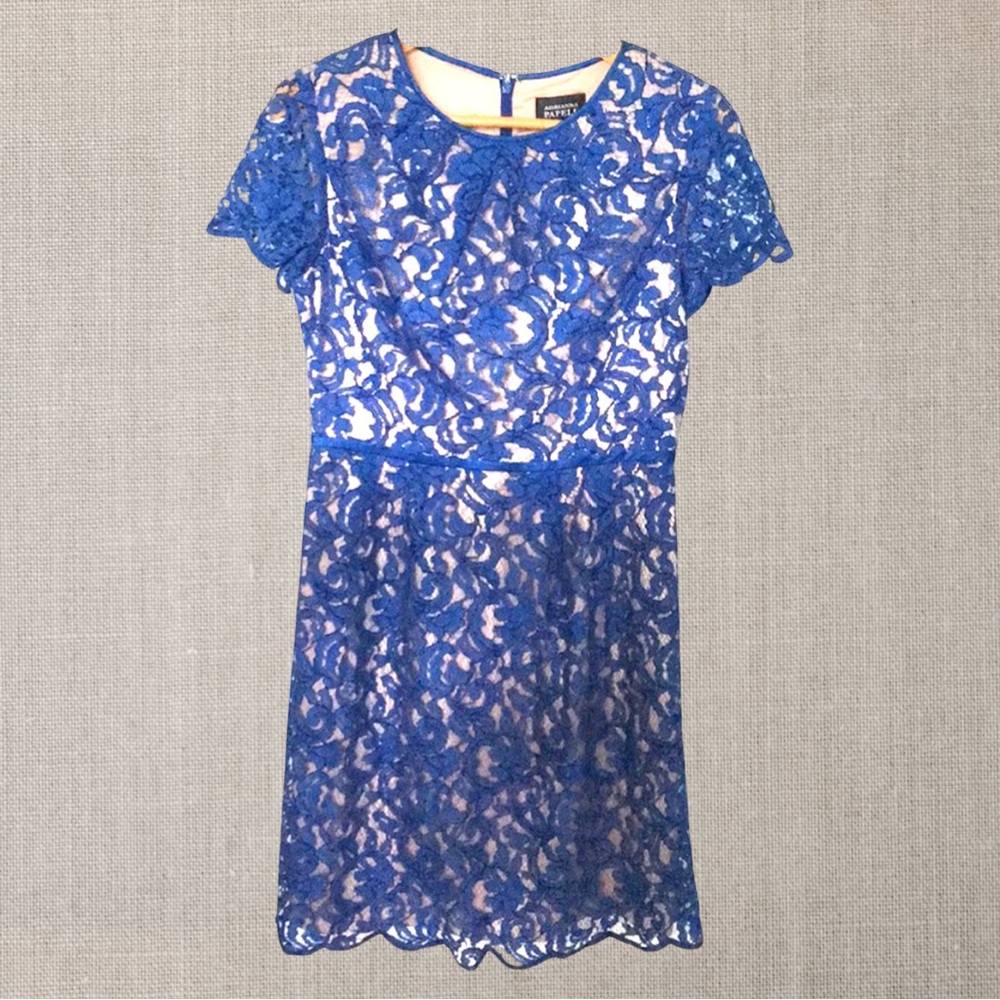 Adrianna Papell Blue Lace Short Sleeve Cocktail Wedding Guest Dress